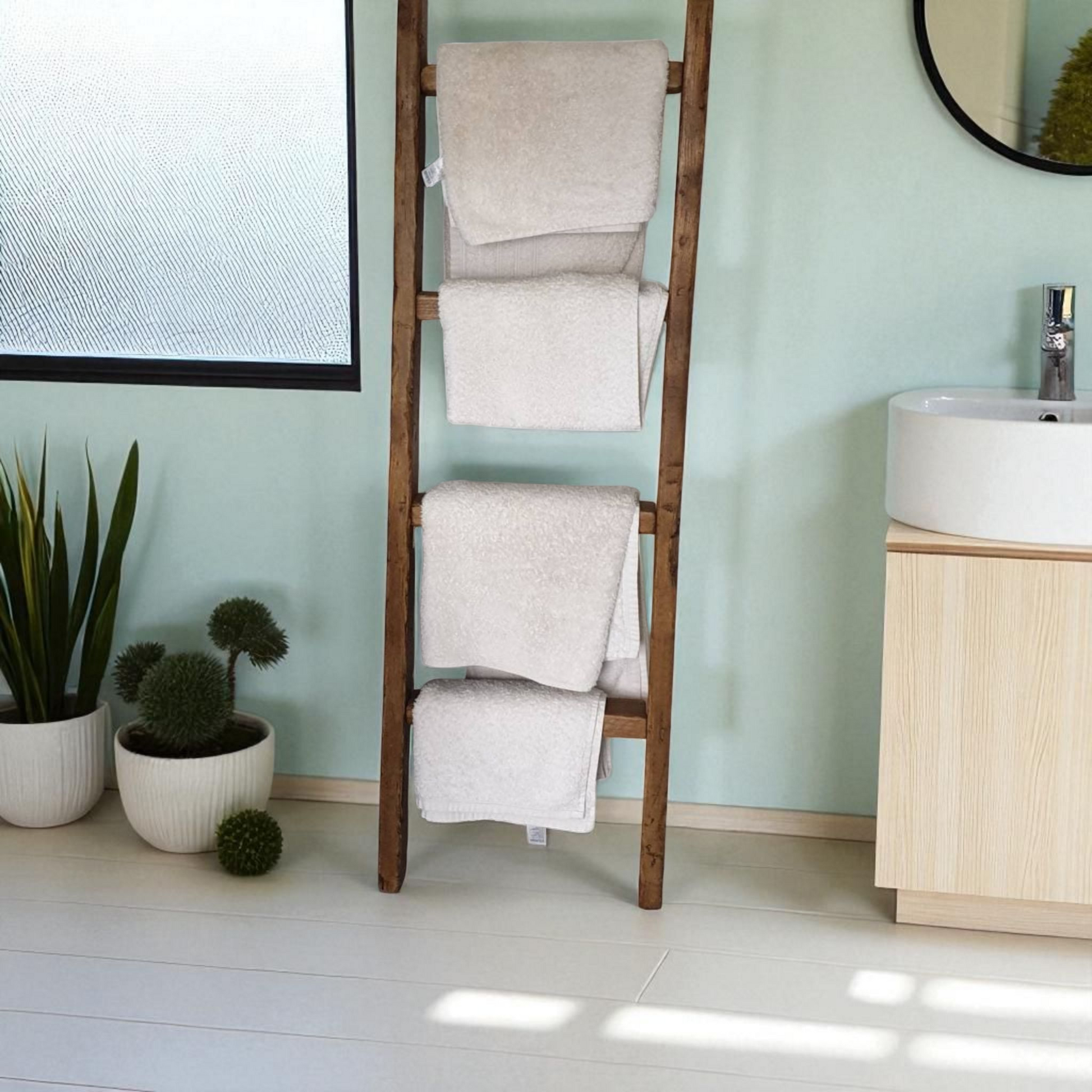 Handmade Wooden Towel Ladder | Rustic Bathroom Towel Rack | 3-4 Rung Towel Stand | Dark Oak or Walnut Finish | 90cm–140cm | Bathroom Decor