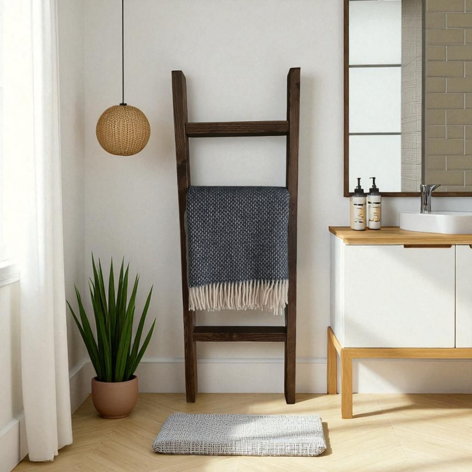 Handmade Wooden Towel Ladder | Rustic Bathroom Towel Rack | 3-4 Rung Towel Stand | Dark Oak or Walnut Finish | 90cm–140cm | Bathroom Decor
