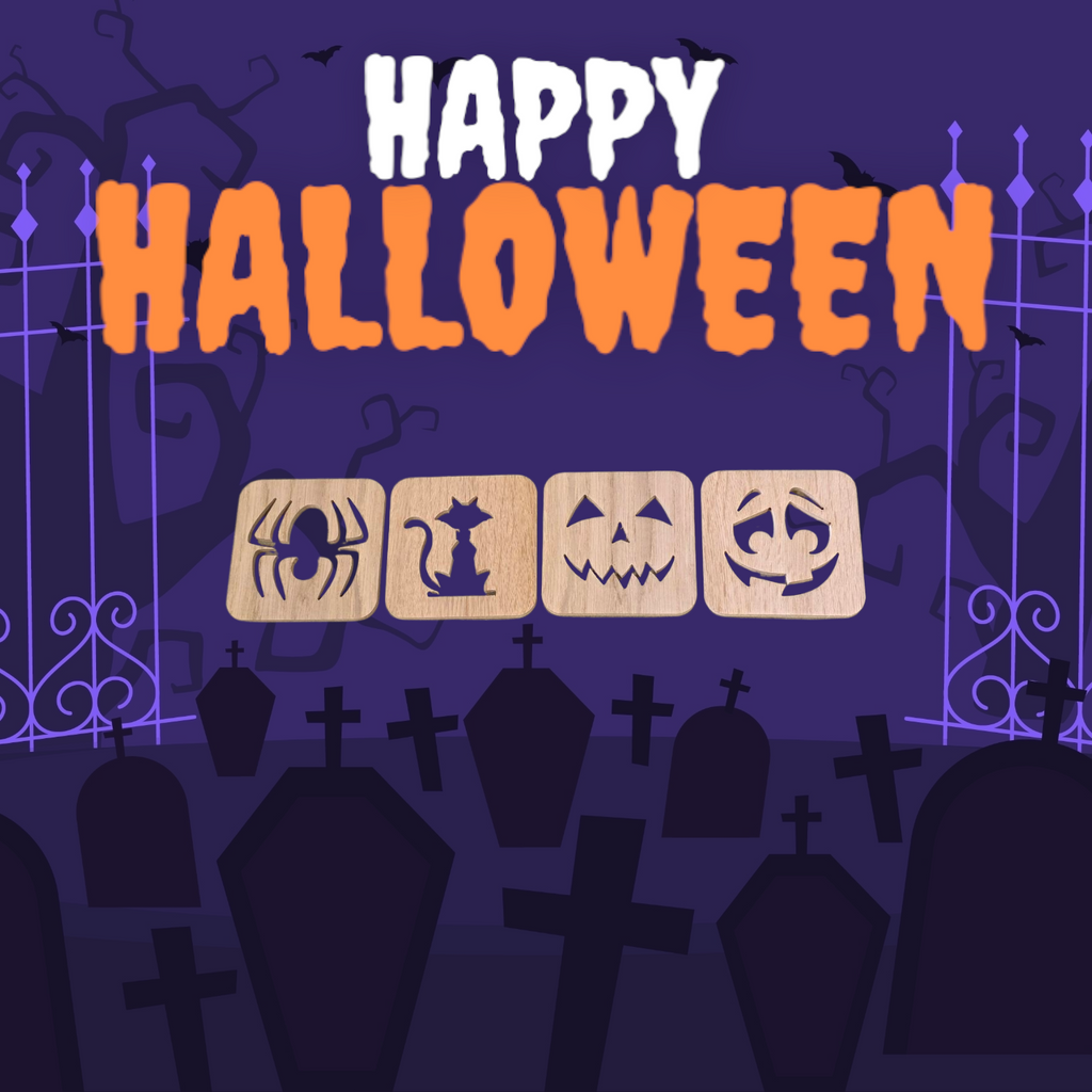 Halloween Coasters Set of 4 – Oak Colour Wooden Effect | 100mm Reusable Drink Coasters | Spooky Table Décor, Autumn Home Accessories