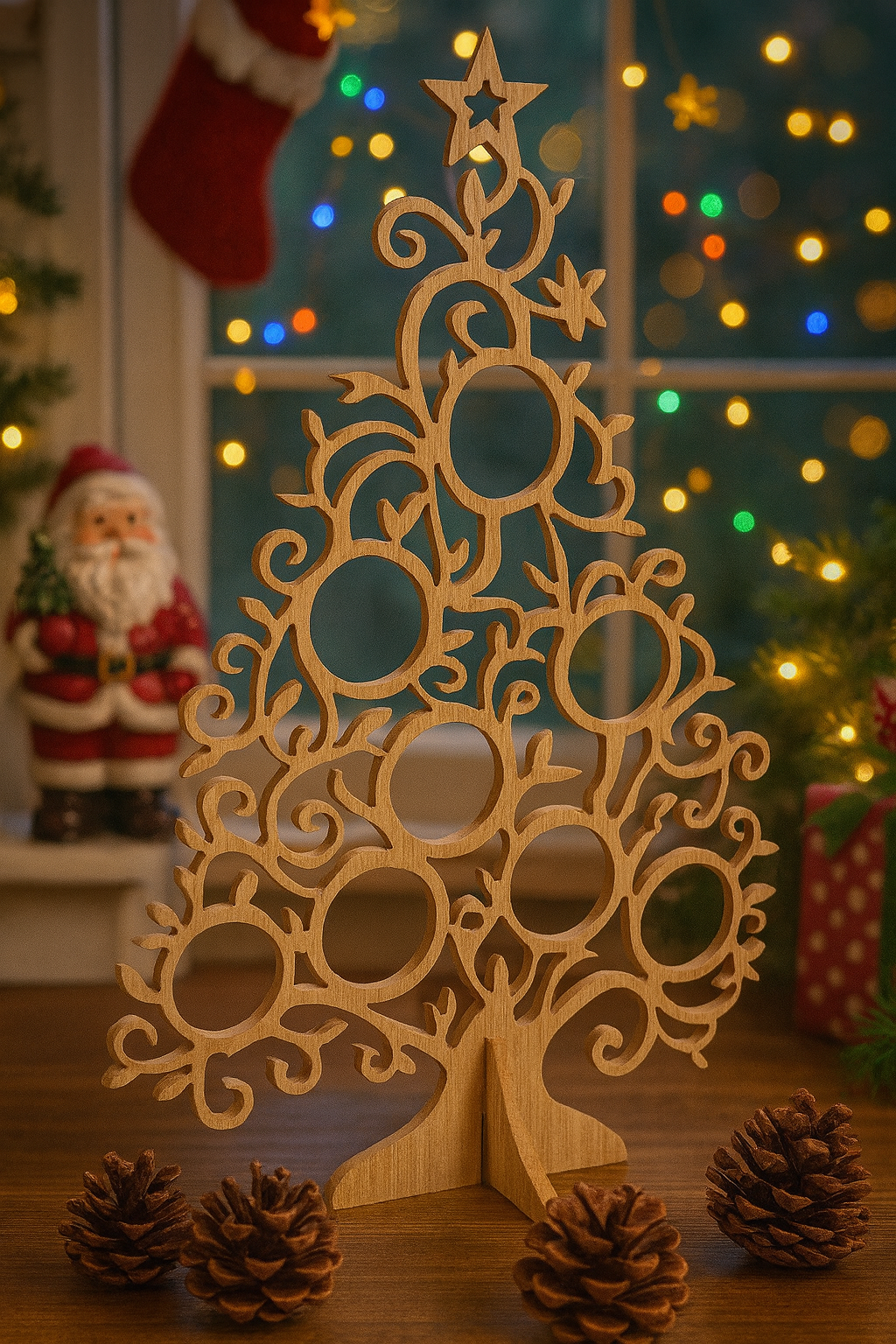 Wooden Oak Christmas Tree Display Stand – Laser Cut Tabletop Christmas Decoration | Rustic Festive Sideboard Ornament (Baubles Not Included)