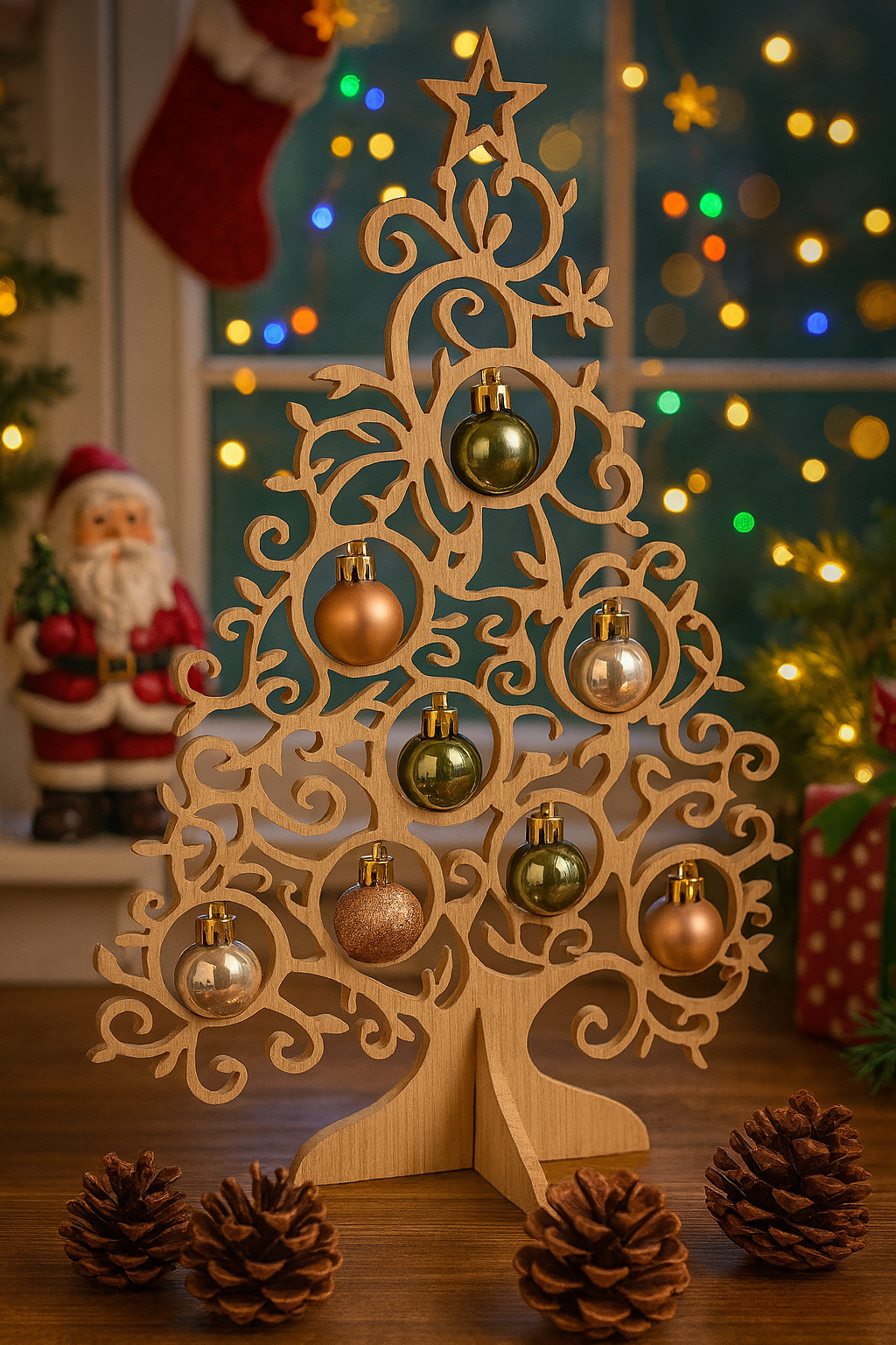 Wooden Oak Christmas Tree Display Stand – Laser Cut Tabletop Christmas Decoration | Rustic Festive Sideboard Ornament (Baubles Not Included)