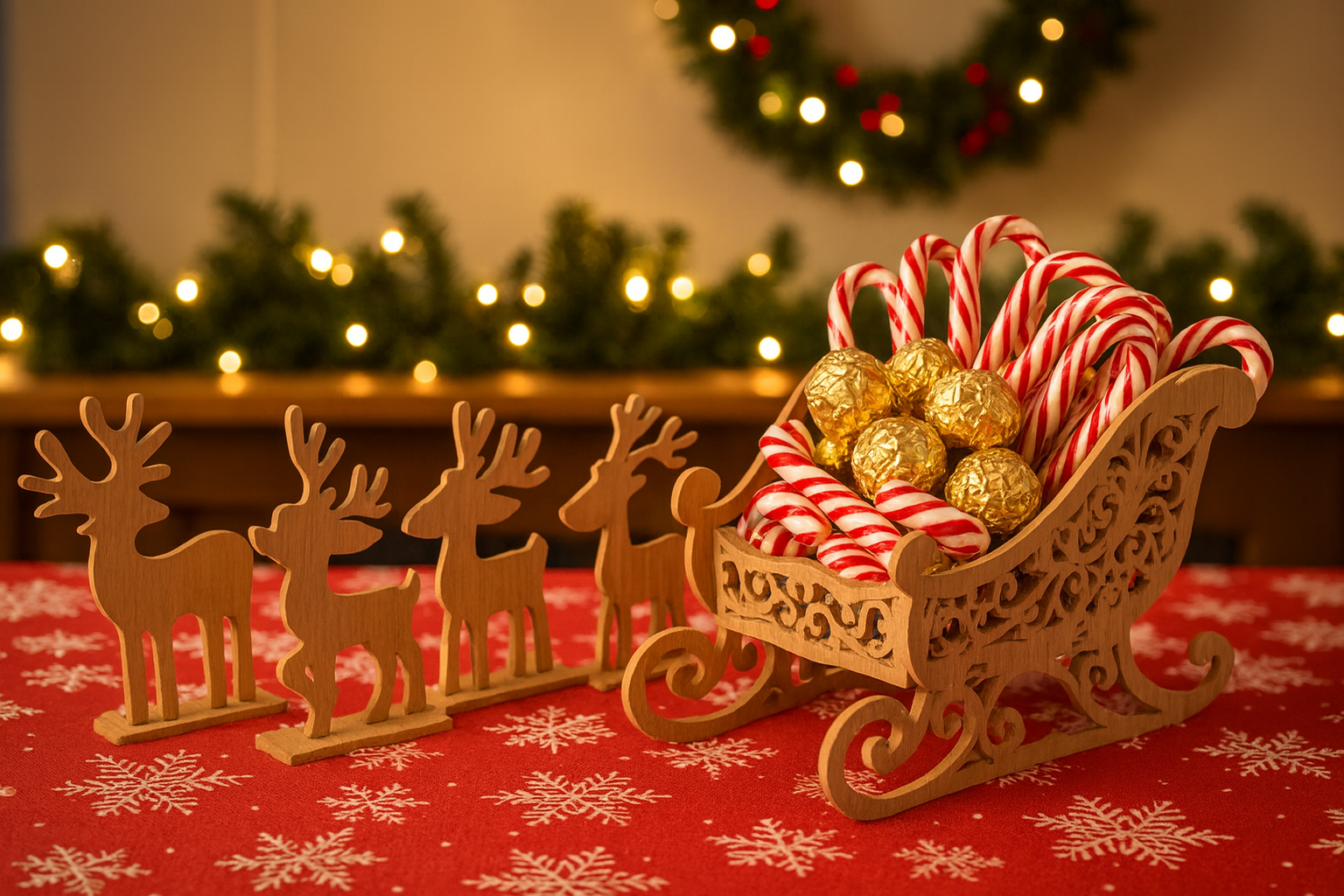 Rustic Oak-Veneered MDF Christmas Sleigh Décor • Tabletop Candy Holder • Festive Sideboard Centrepiece
