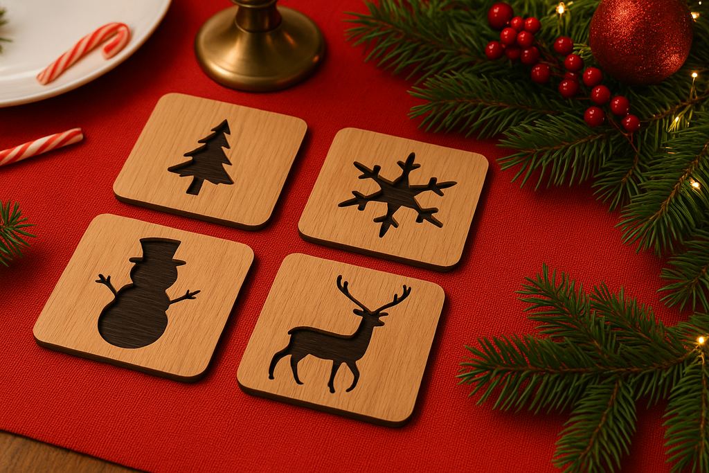 Christmas Wooden Coaster Set – Oak Veneer MDF • Festive Cut-Out Designs (Tree, Snowflake, Snowman, Reindeer) • 10cm Handmade Gift Set of 4
